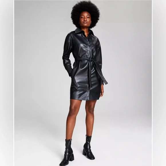 And Now This | Dresses | Macys And Now This Womens Belted Fauxleather  Shirtdress Dress Nwt Size Medium | Poshmark